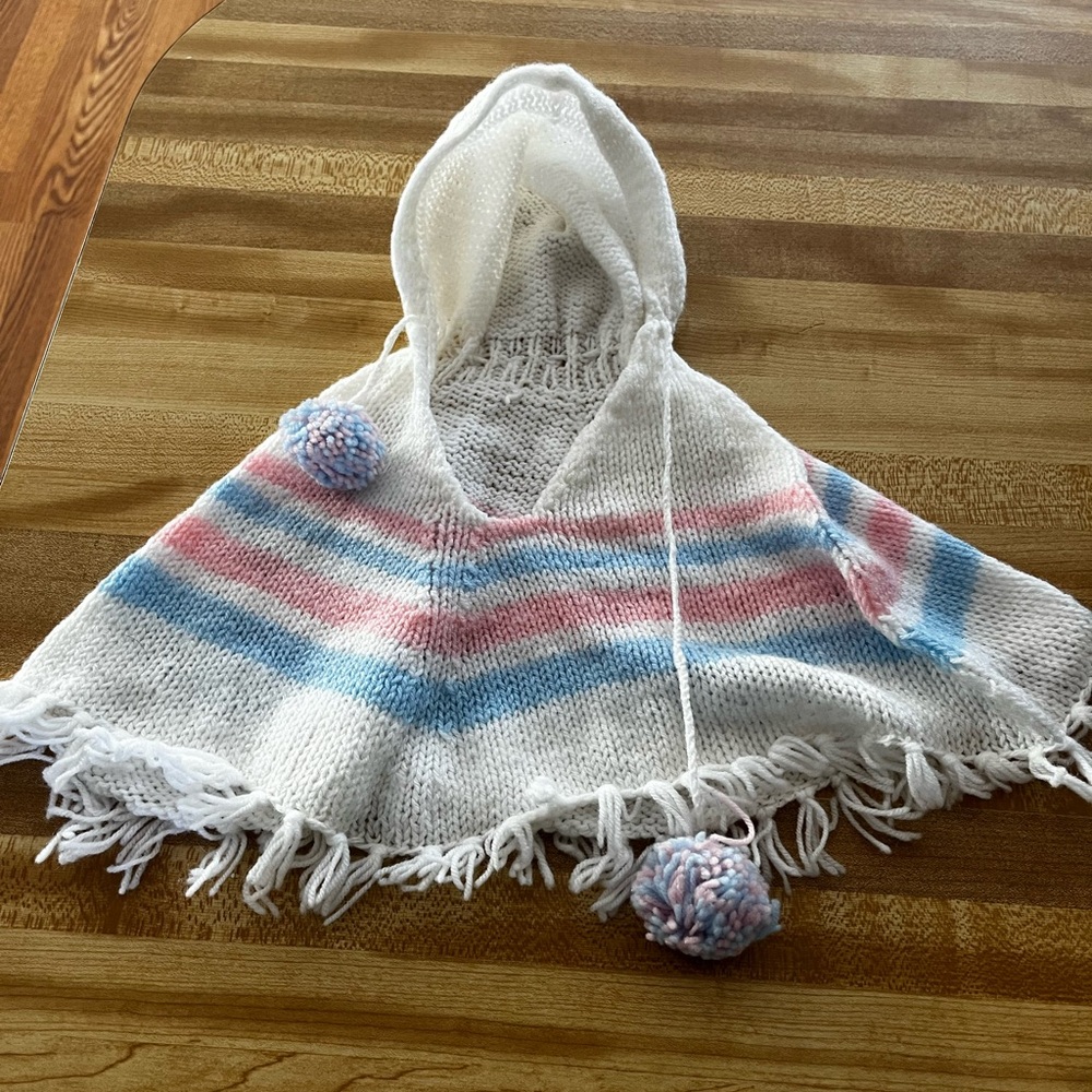 Vintage baby Striped Hooded Poncho - White, Pink, Blue